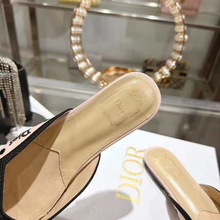 DIOR 26S POINTED TOE MULES IN PINK AND BLACK POLKA DOT FABRIC WITH BOW