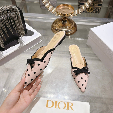 DIOR 26S POINTED TOE MULES IN PINK AND BLACK POLKA DOT FABRIC WITH BOW