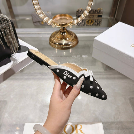 DIOR 26S POINTED TOE MULES IN BLACK AND WHITE POLKA DOT FABRIC WITH BOW