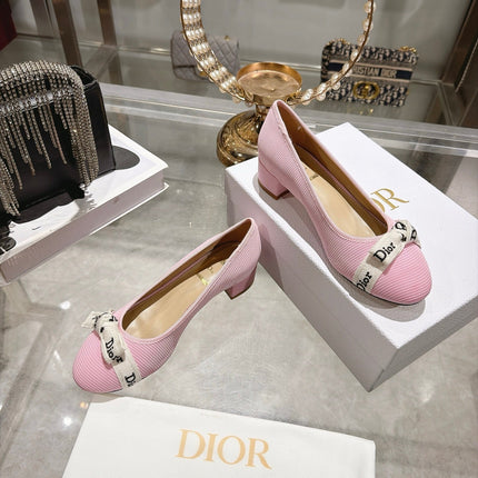 DIOR 26S BLOCK HEEL PUMPS 35MM IN LIGHT PINK MESH FABRIC WITH FRONT BOW