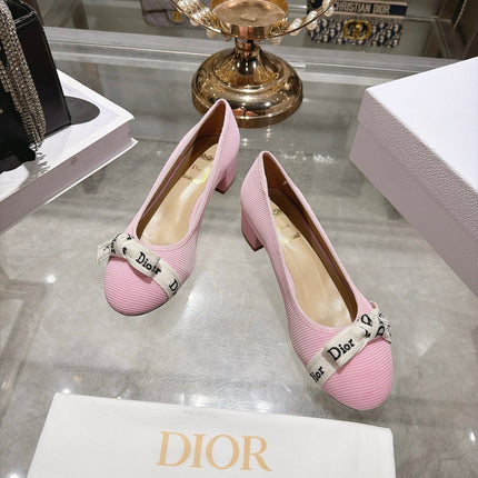 DIOR 26S BLOCK HEEL PUMPS 35MM IN LIGHT PINK MESH FABRIC WITH FRONT BOW
