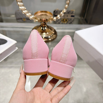 DIOR 26S BLOCK HEEL PUMPS 35MM IN LIGHT PINK MESH FABRIC WITH FRONT BOW