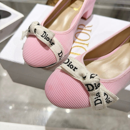 DIOR 26S BLOCK HEEL PUMPS 35MM IN LIGHT PINK MESH FABRIC WITH FRONT BOW