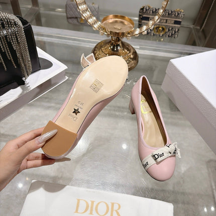 DIOR 26S BLOCK HEEL PUMPS 35MM IN LIGHT PINK CALFSKIN WITH FRONT BOW