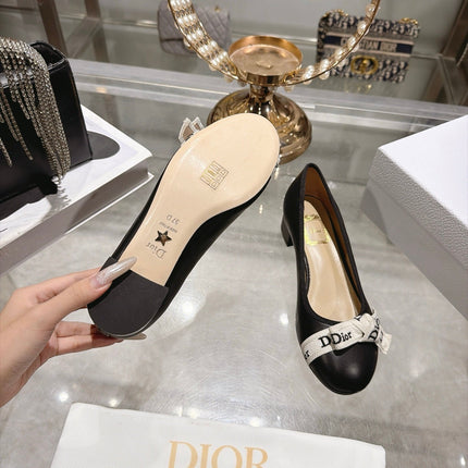 DIOR 26S BLOCK HEEL PUMPS 35MM IN BLACK CALFSKIN WITH FRONT BOW