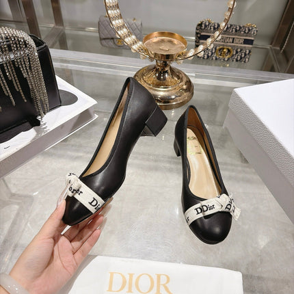 DIOR 26S BLOCK HEEL PUMPS 35MM IN BLACK CALFSKIN WITH FRONT BOW