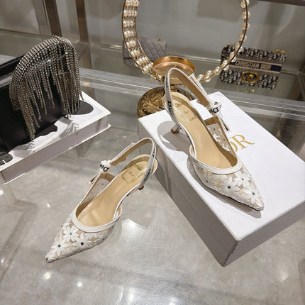 DIOR 26S POINTED TOE SLINGBACK PUMPS 40MM IN WHITE MESH EMBROIDERED FLORAL