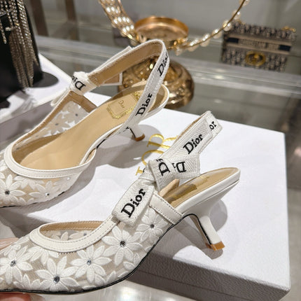 DIOR 26S POINTED TOE SLINGBACK PUMPS 40MM IN WHITE MESH EMBROIDERED FLORAL