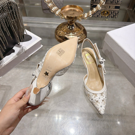 DIOR 26S POINTED TOE SLINGBACK PUMPS 40MM IN WHITE MESH EMBROIDERED FLORAL