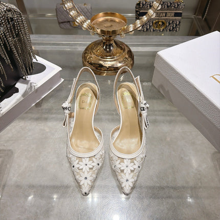 DIOR 26S POINTED TOE SLINGBACK PUMPS 40MM IN WHITE MESH EMBROIDERED FLORAL