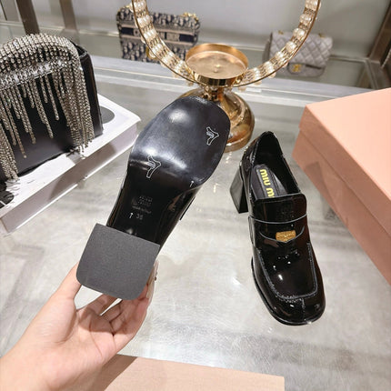 MIUMIU 26S HEEL LOAFERS 75MM IN BLACK PATENT CALFSKIN GOLD HARDWARE