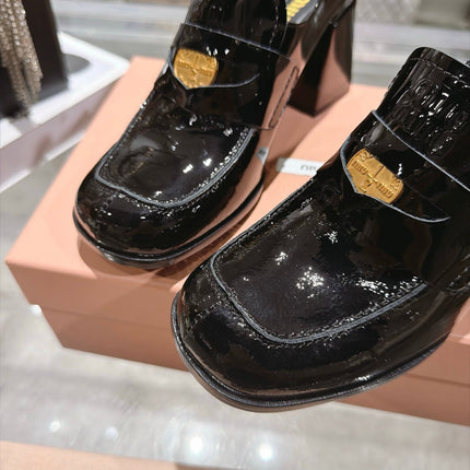 MIUMIU 26S HEEL LOAFERS 75MM IN BLACK PATENT CALFSKIN GOLD HARDWARE