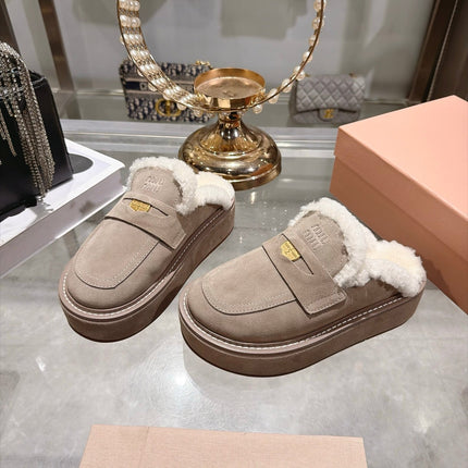 MIUMIU 26S FUR LINED PLATFORM LOAFER MULES IN LIGHT BROWN SUEDE GOLD HARDWARE