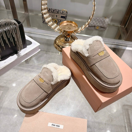 MIUMIU 26S FUR LINED PLATFORM LOAFER MULES IN LIGHT BROWN SUEDE GOLD HARDWARE