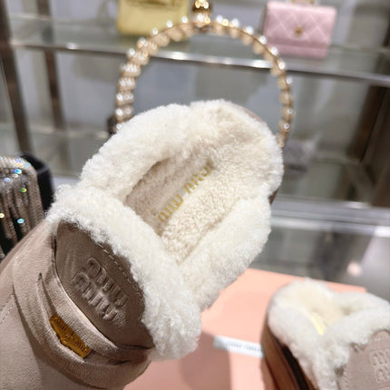 MIUMIU 26S FUR LINED PLATFORM LOAFER MULES IN LIGHT BROWN SUEDE GOLD HARDWARE