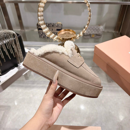 MIUMIU 26S FUR LINED PLATFORM LOAFER MULES IN LIGHT BROWN SUEDE GOLD HARDWARE