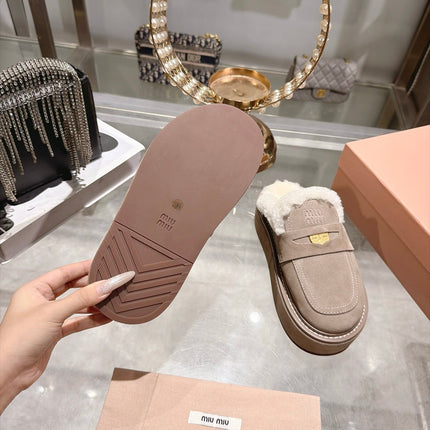 MIUMIU 26S FUR LINED PLATFORM LOAFER MULES IN LIGHT BROWN SUEDE GOLD HARDWARE