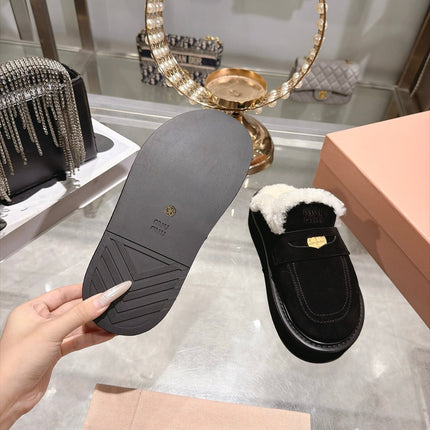MIUMIU 26S FUR LINED PLATFORM LOAFER MULES IN BLACK SUEDE GOLD HARDWARE