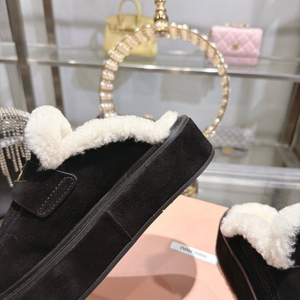 MIUMIU 26S FUR LINED PLATFORM LOAFER MULES IN BLACK SUEDE GOLD HARDWARE