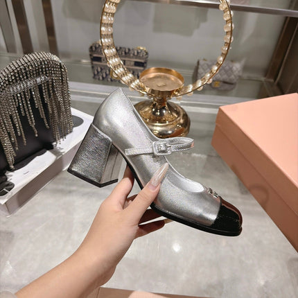 MIUMIU 26S MARY JANE BLOCK HEEL PUMPS 75MM IN SILVER CALFSKIN AND BLACK PATENT CALFSKIN CAP TOE