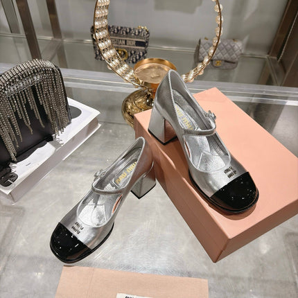 MIUMIU 26S MARY JANE BLOCK HEEL PUMPS 75MM IN SILVER CALFSKIN AND BLACK PATENT CALFSKIN CAP TOE