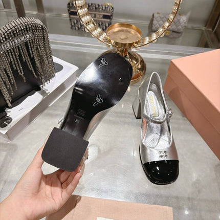 MIUMIU 26S MARY JANE BLOCK HEEL PUMPS 75MM IN SILVER CALFSKIN AND BLACK PATENT CALFSKIN CAP TOE
