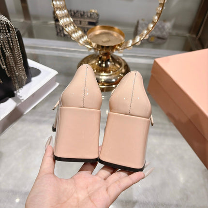 MIUMIU 26S MARY JANE BLOCK HEEL PUMPS 75MM IN NUDE PINK AND BLACK PATENT CALFSKIN CAP TOE