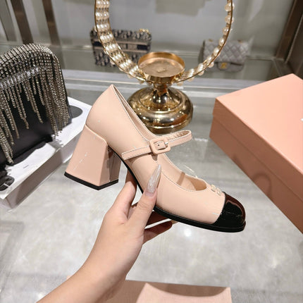 MIUMIU 26S MARY JANE BLOCK HEEL PUMPS 75MM IN NUDE PINK AND BLACK PATENT CALFSKIN CAP TOE