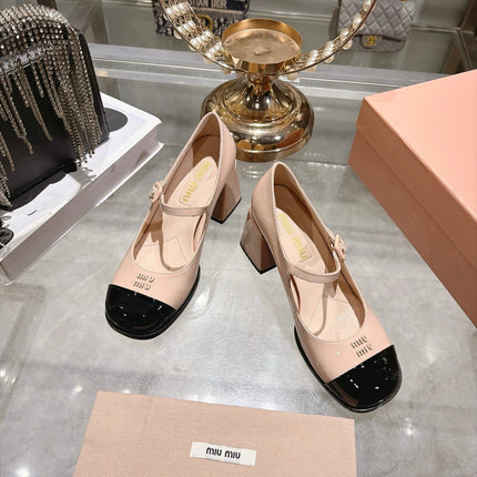 MIUMIU 26S MARY JANE BLOCK HEEL PUMPS 75MM IN NUDE PINK AND BLACK PATENT CALFSKIN CAP TOE