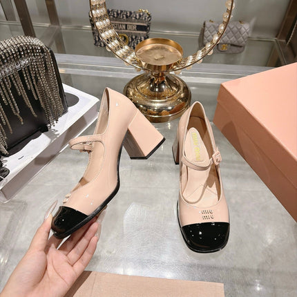 MIUMIU 26S MARY JANE BLOCK HEEL PUMPS 75MM IN NUDE PINK AND BLACK PATENT CALFSKIN CAP TOE