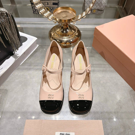MIUMIU 26S MARY JANE BLOCK HEEL PUMPS 75MM IN NUDE PINK AND BLACK PATENT CALFSKIN CAP TOE