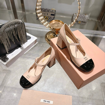 MIUMIU 26S MARY JANE BLOCK HEEL PUMPS 75MM IN NUDE PINK AND BLACK PATENT CALFSKIN CAP TOE