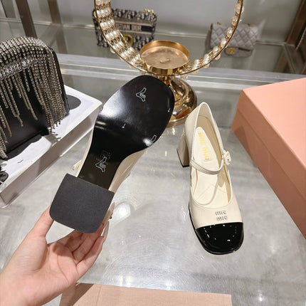 MIUMIU 26S MARY JANE BLOCK HEEL PUMPS 75MM IN IVORY WHITE AND BLACK PATENT CALFSKIN CAP TOE
