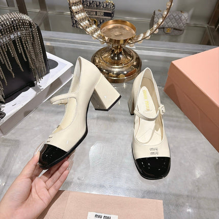 MIUMIU 26S MARY JANE BLOCK HEEL PUMPS 75MM IN IVORY WHITE AND BLACK PATENT CALFSKIN CAP TOE