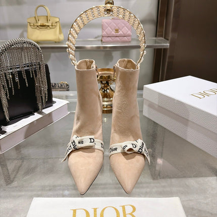 DIOR 26S STILETTO HEEL BOOTS 80MM IN NUDE BEIGE SUEDE WITH FRONT BOW