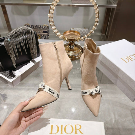 DIOR 26S STILETTO HEEL BOOTS 80MM IN NUDE BEIGE SUEDE WITH FRONT BOW