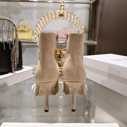 DIOR 26S STILETTO HEEL BOOTS 80MM IN NUDE BEIGE SUEDE WITH FRONT BOW