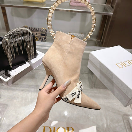 DIOR 26S STILETTO HEEL BOOTS 80MM IN NUDE BEIGE SUEDE WITH FRONT BOW