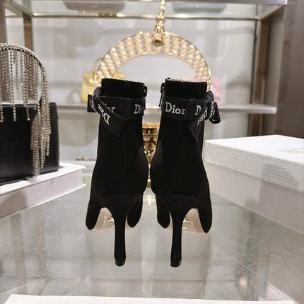 DIOR 26S STILETTO HEEL BOOTS 80MM IN BLACK SUEDE WITH ANKLE BOW