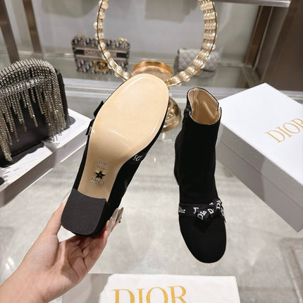 DIOR 26S BLOCK HEEL ANKLE BOOTS 80MM IN BLACK SUEDE WITH FRONT BOW