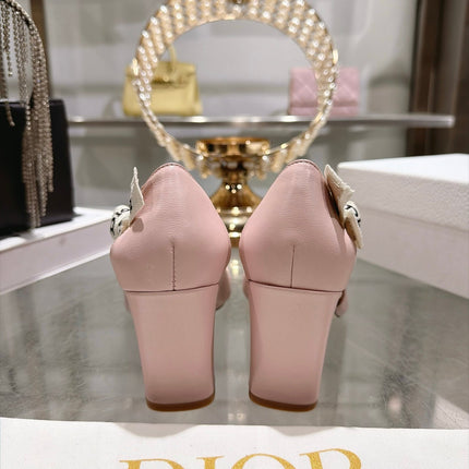 DIOR 26S BLOCK HEEL PUMPS 85MM IN LIGHT PINK CALFSKIN WITH BOW