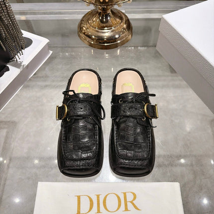 DIOR 26S SQUARE TOE BUCKLE MULE LOAFERS 30MM IN BLACK CROC EMBOSSED CALFSKIN