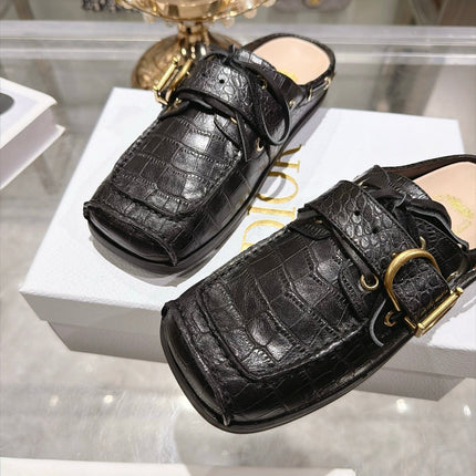 DIOR 26S SQUARE TOE BUCKLE MULE LOAFERS 30MM IN BLACK CROC EMBOSSED CALFSKIN