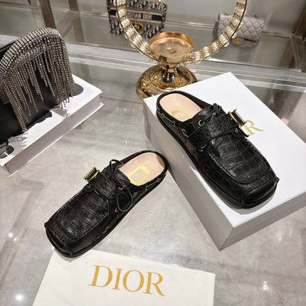 DIOR 26S SQUARE TOE BUCKLE MULE LOAFERS 30MM IN BLACK CROC EMBOSSED CALFSKIN