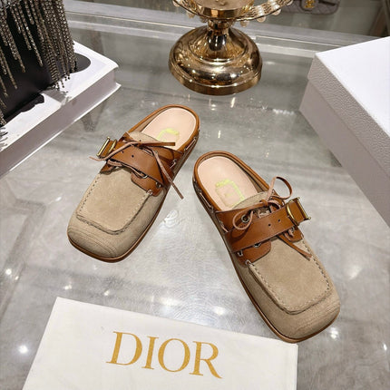 DIOR 26S SQUARE TOE BUCKLE MULE LOAFERS 30MM IN BEIGE SUEDE AND CARAMEL BROWN CALFSKIN