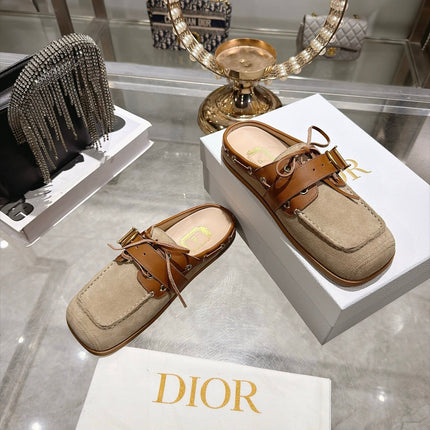 DIOR 26S SQUARE TOE BUCKLE MULE LOAFERS 30MM IN BEIGE SUEDE AND CARAMEL BROWN CALFSKIN
