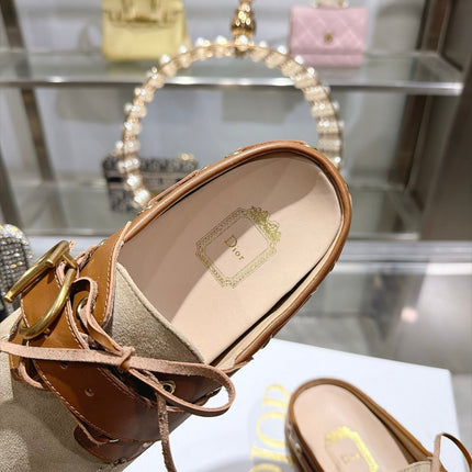 DIOR 26S SQUARE TOE BUCKLE MULE LOAFERS 30MM IN BEIGE SUEDE AND CARAMEL BROWN CALFSKIN