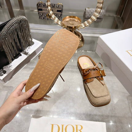 DIOR 26S SQUARE TOE BUCKLE MULE LOAFERS 30MM IN BEIGE SUEDE AND CARAMEL BROWN CALFSKIN
