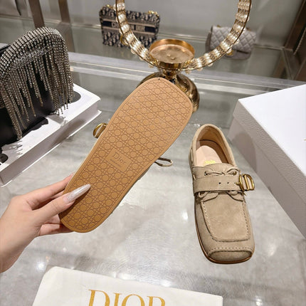 DIOR 26S SQUARE TOE BUCKLE LOAFERS 30MM IN BEIGE SUEDE GOLD HARDWARE