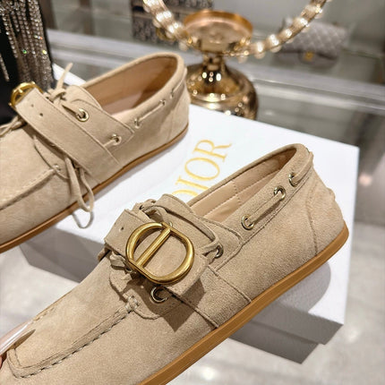 DIOR 26S SQUARE TOE BUCKLE LOAFERS 30MM IN BEIGE SUEDE GOLD HARDWARE